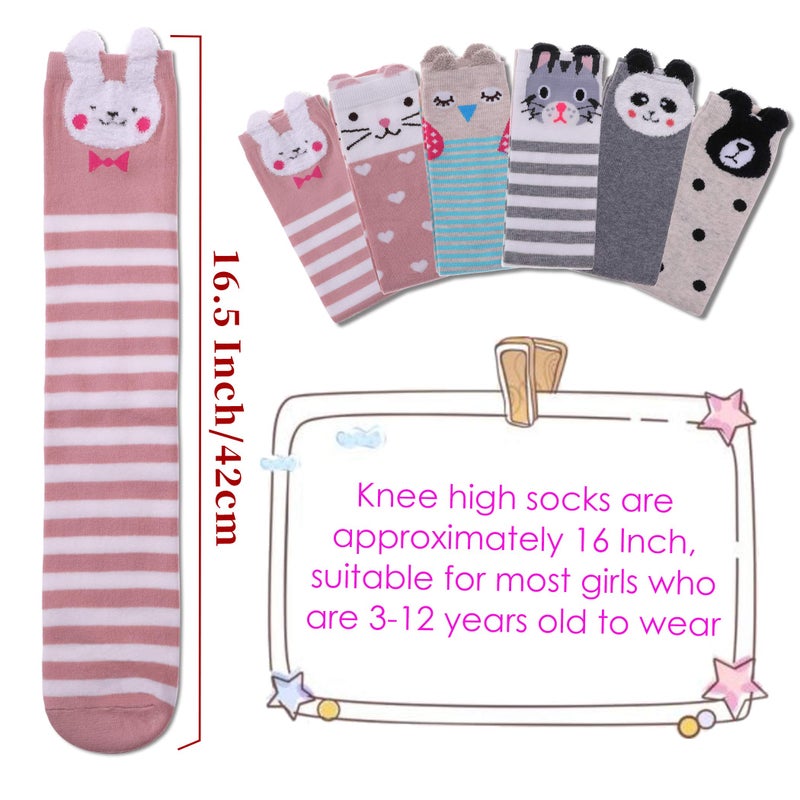FNOVCO Girls Knee High Socks Kids Crazy Fun Gift Cute Animal Patterns Cotton Long Socks 6 Pairs (3 Pairs Animal) - Image 4